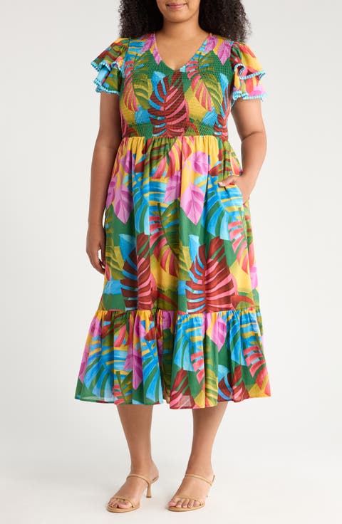 Tropical Print Midi Dress (Plus)