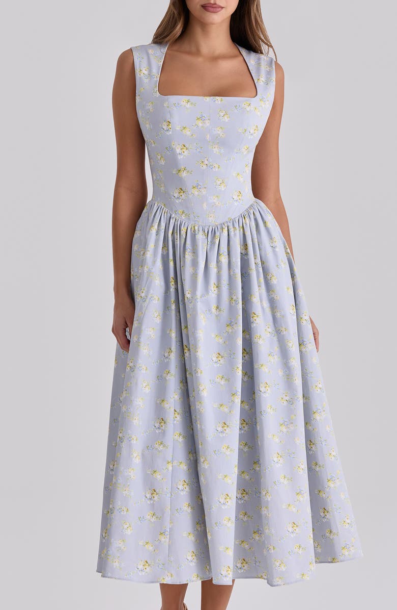 HOUSE OF CB Emmy Floral Print Cotton Midi Sundress, Alternate, color, Blue Wildflower
