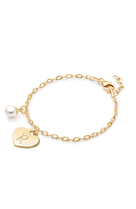 14K Gold Classic Charm Bracelet & Engraved Initial 6.25" Bracelet