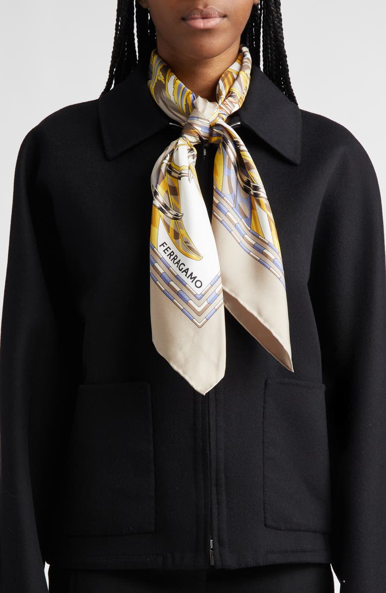 FERRAGAMO Rooster Print Silk Twill Scarf Scarf, Alternate, color, Avorio