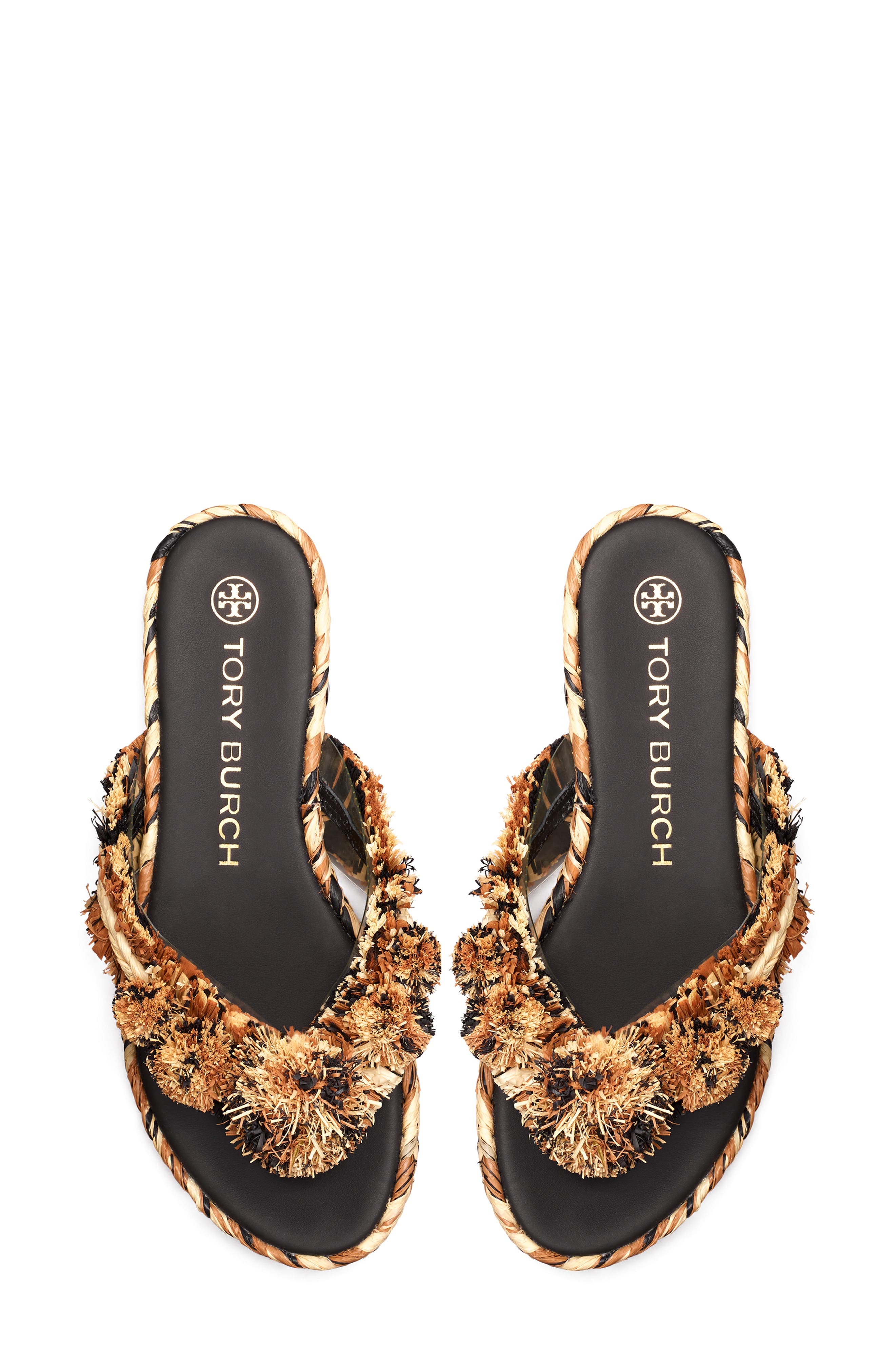 Tory Burch Raffia Flip Flop, Alternate, color, Perfect Black / Aged Camello