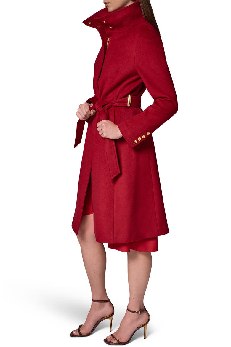 Belted Funnel Neck Wool Blend Coat, Alternate, color, METRO RED