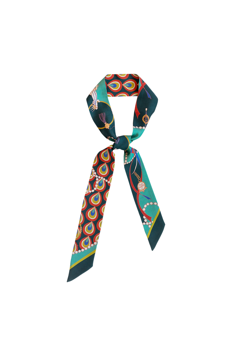 Lost Pattern "Peacock" Silk Twill Skinny Scarf, Main, color, Teal Green