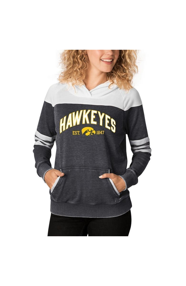 CAMP DAVID Women's Heathered Charcoal/White Iowa Hawkeyes Blitz Sleeve Striped Blocked Raglan Hoodie, Alternate, color, 