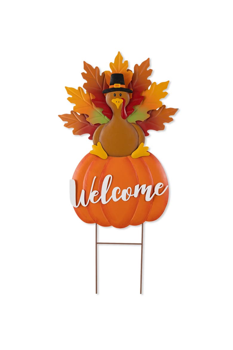 Thanksgiving Metal Turkey Yard Stake Standing Decor or Wall Sign, Alternate, color, Orange