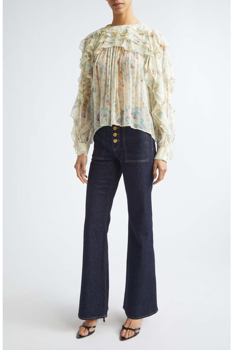 Willow Floral Ruffle Trim Silk Top, Alternate, color, MOON PETAL