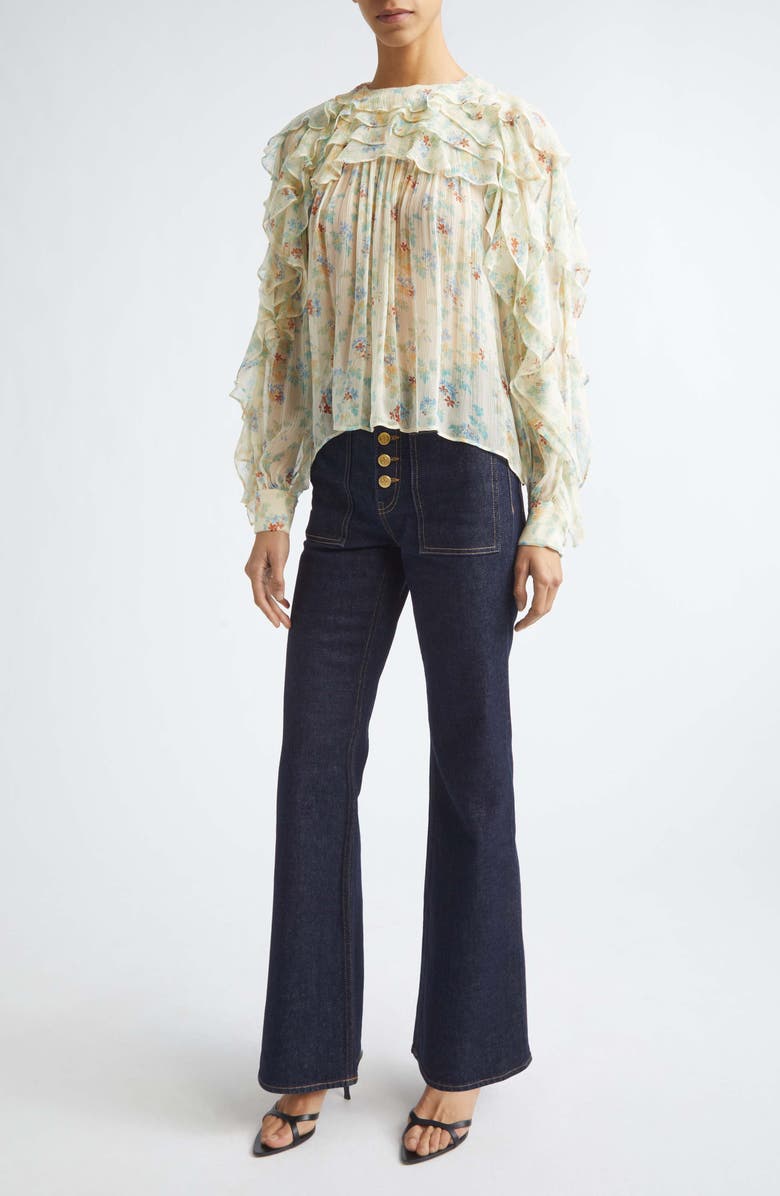 Ulla Johnson Willow Floral Ruffle Trim Silk Top, Alternate, color, Moon Petal