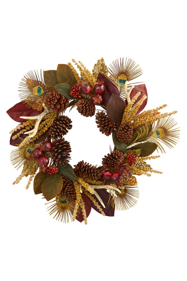 27-in Magnolia Leaf, Berry, Antler and Peacock Feather Artificial Wreath, Main, color, Assorted