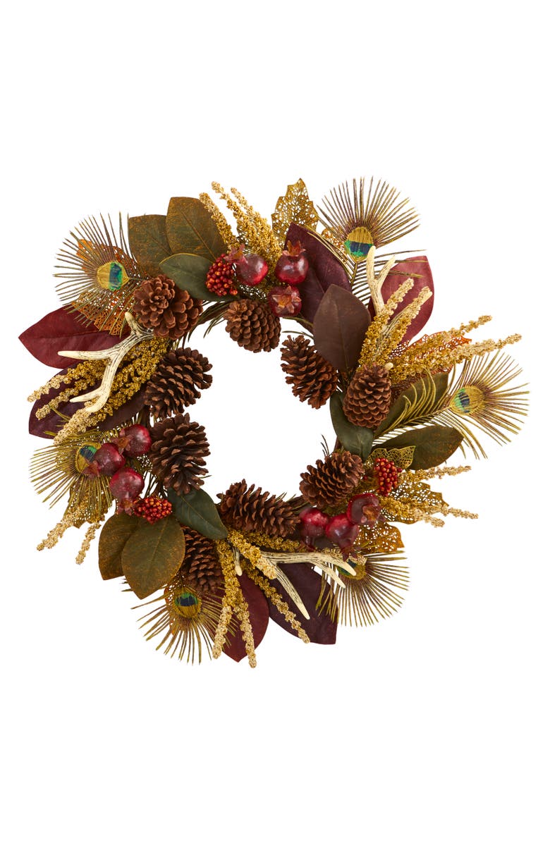 NEARLY NATURAL 27-in Magnolia Leaf, Berry, Antler and Peacock Feather Artificial Wreath, Main, color, Assorted