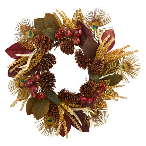 27-in Magnolia Leaf, Berry, Antler and Peacock Feather Artificial Wreath