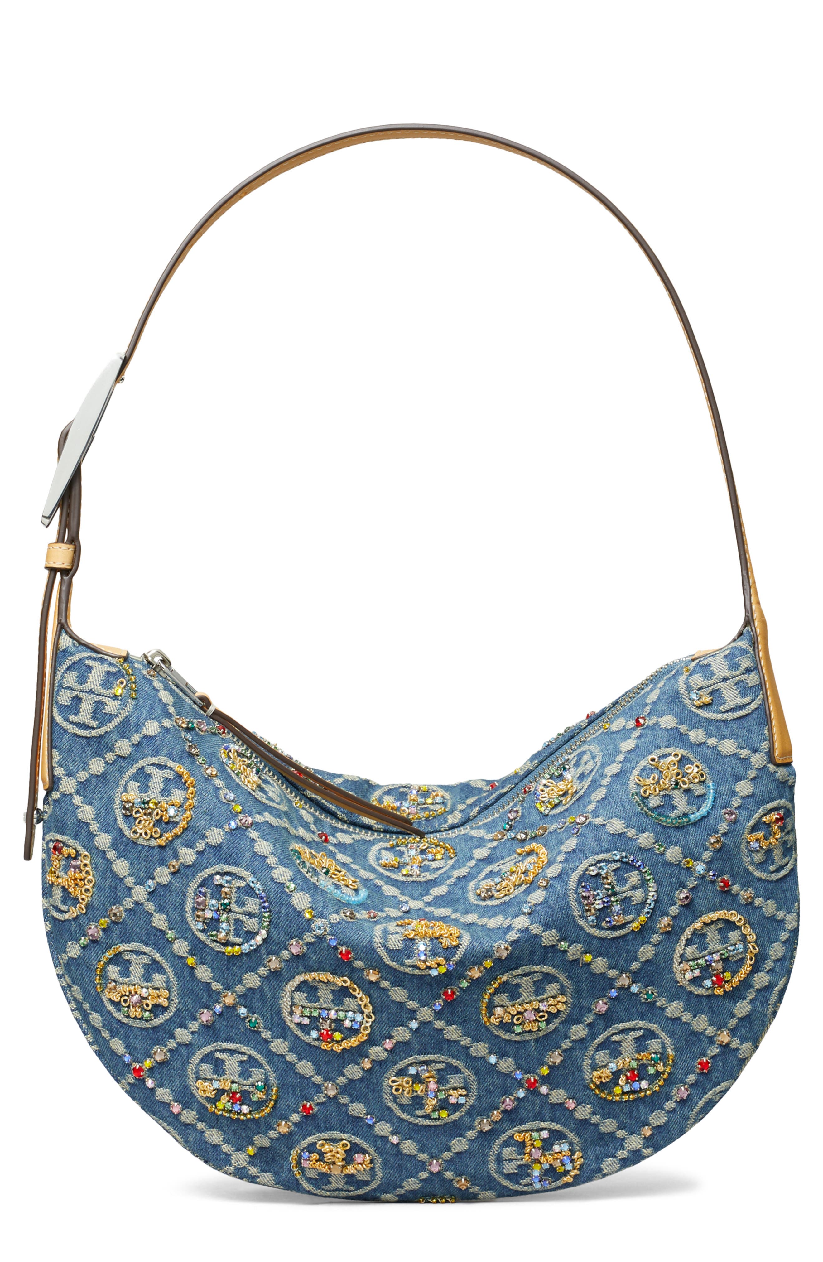 Tory Burch T Monogram Embellished Denim Shoulder Bag, Main, color, 