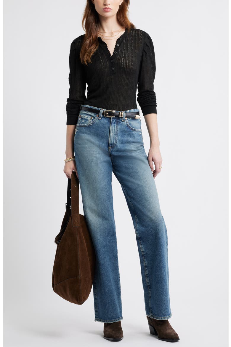 Pointelle Henley Sweater, Alternate, color, BLACK