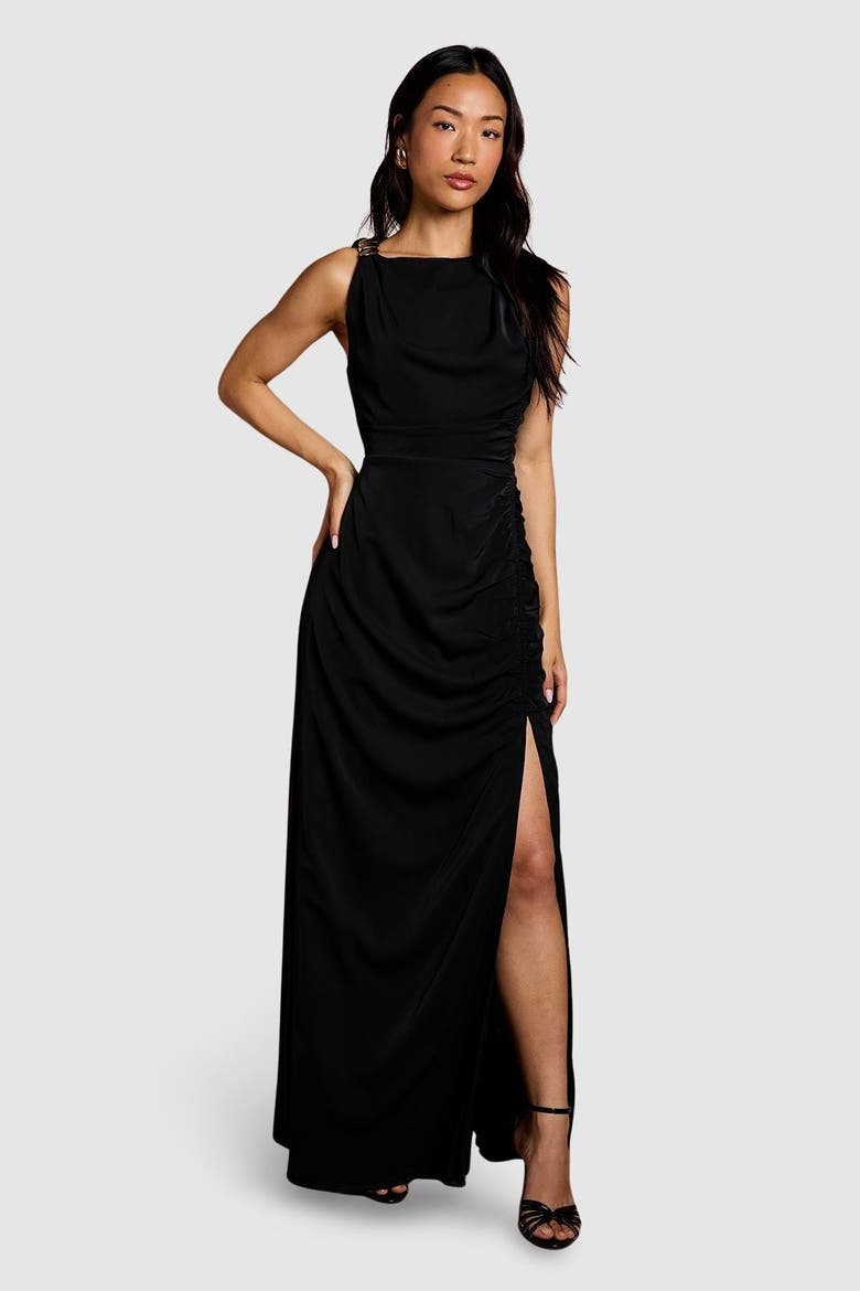 Ruched Side Split Maxi Dress, Main, color, Black