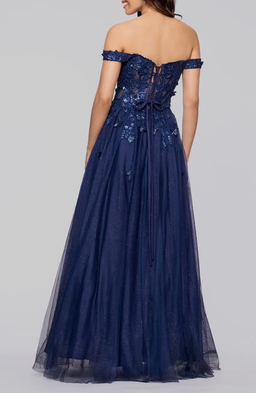 Blondie Nites Off The Shoulder Sequin 3d Embellished Tulle Gown In Blue