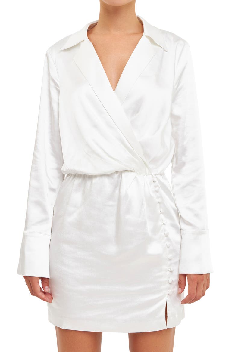 Long Sleeve Satin Minidress, Alternate, color, WHITE