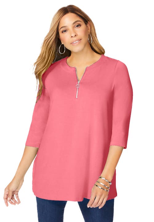 Jessica London Stretch Knit Zip Tunic In Pink
