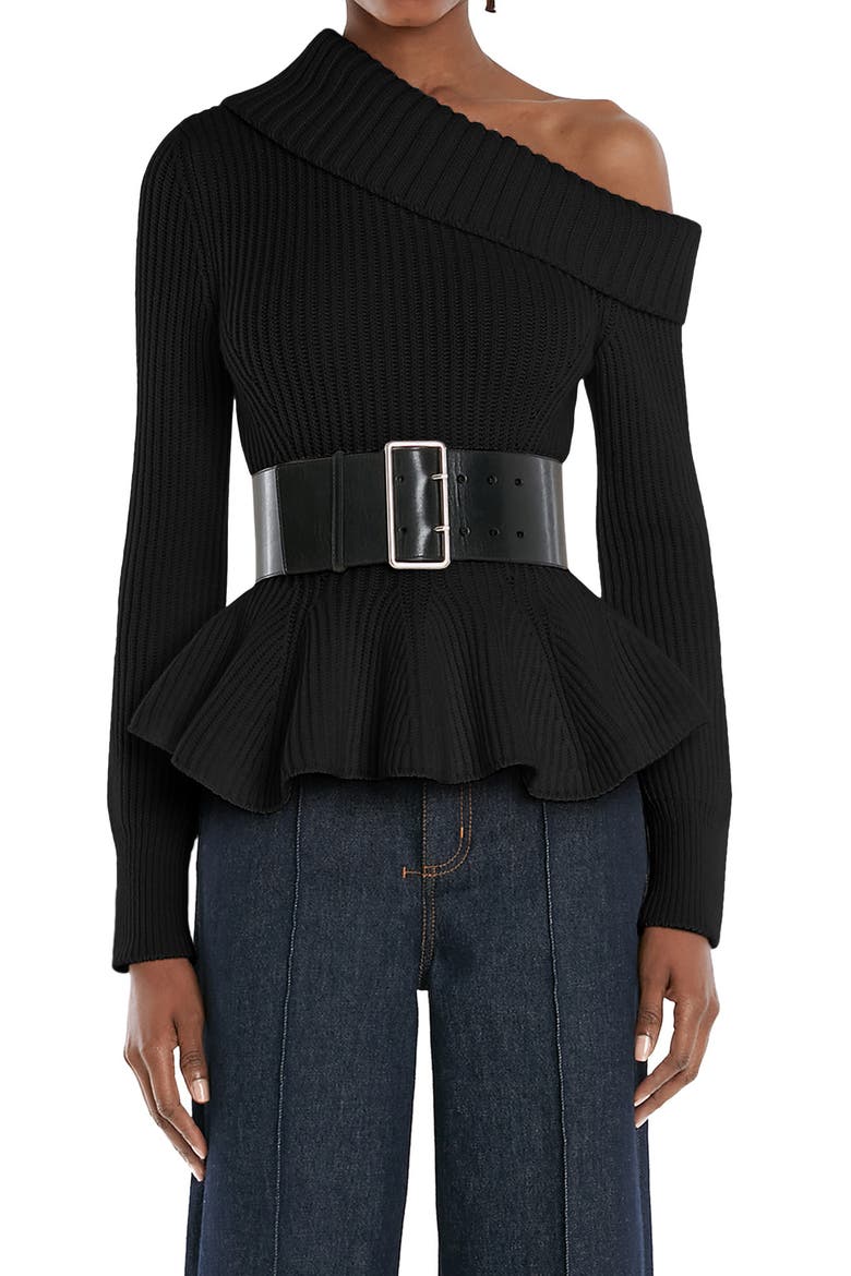 One-Shoulder Turtleneck Peplum Sweater, Main, color, BLACK