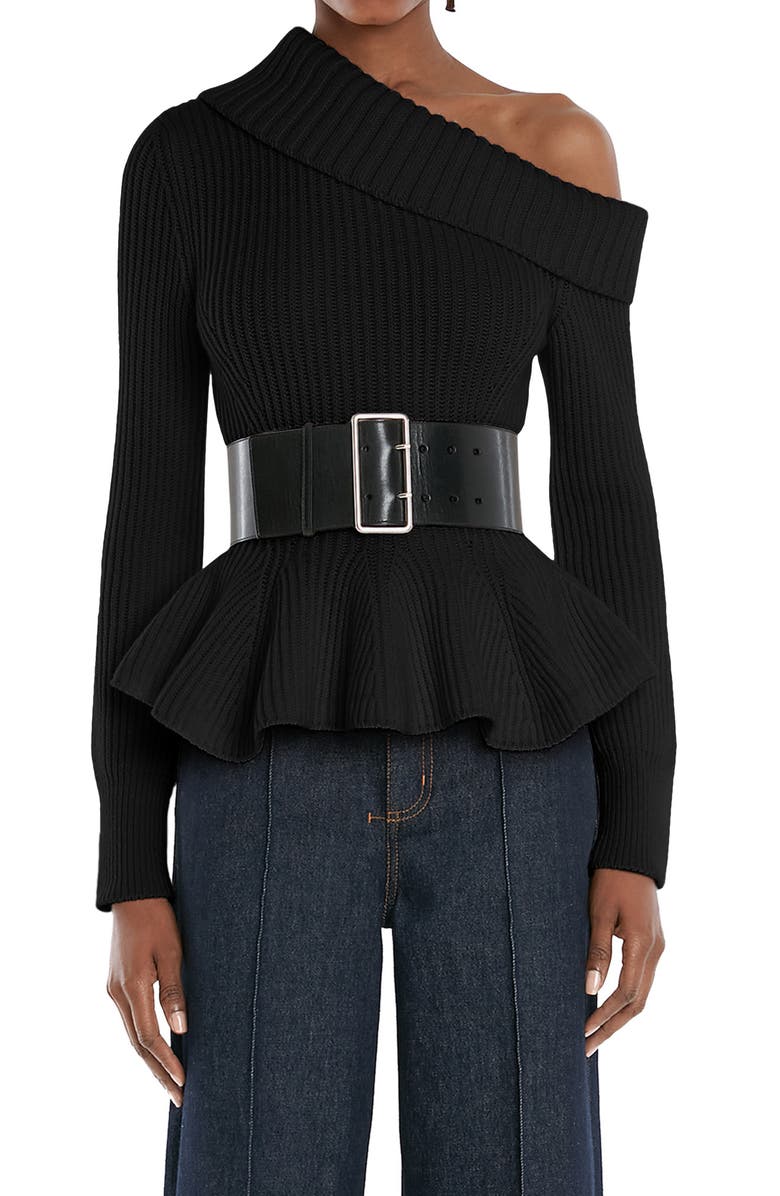 McQueen One-Shoulder Turtleneck Peplum Sweater, Main, color,