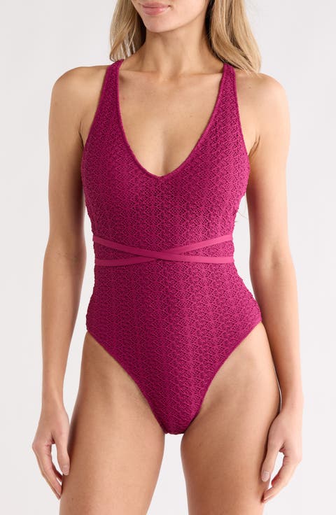 Crochet Plunge Neck Tie Back One-Piece Swimsuit