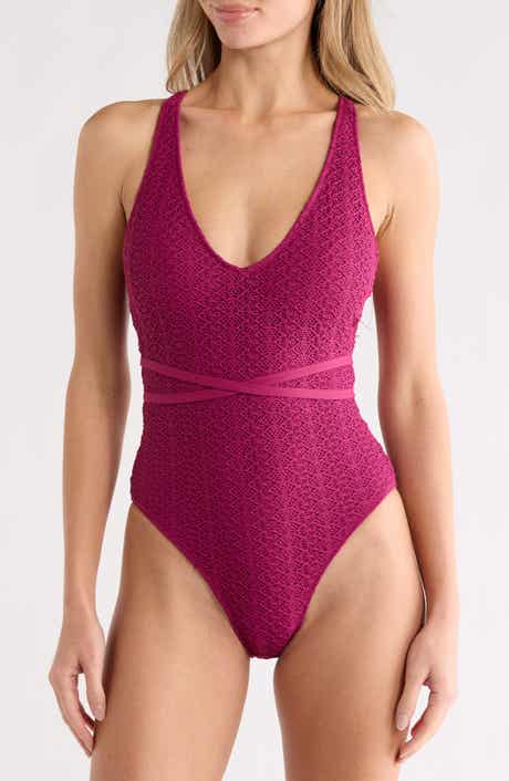 Roxy Crochet Plunge Neck Tie Back One-Piece Swimsuit