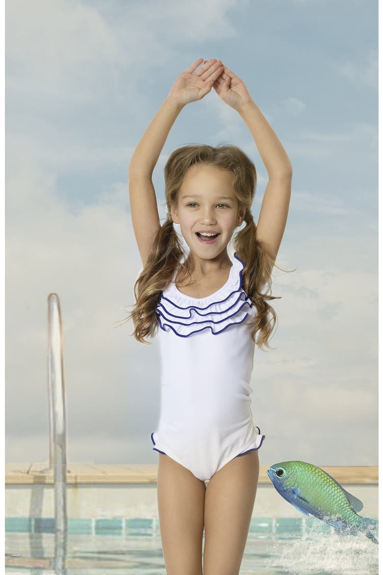 Trim Tiered Ruffle One-Piece Swimsuit, Toddler, Little Kid & Big Kid, Alternate, color, White