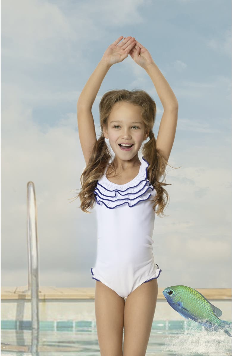 NESSI BYRD Trim Tiered Ruffle One-Piece Swimsuit, Toddler, Little Kid 
Big Kid, Alternate, color, White