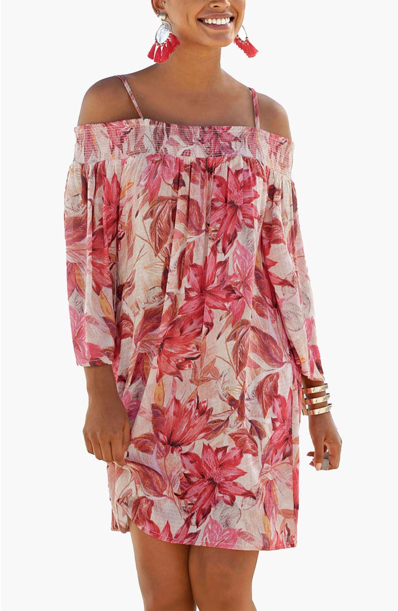 LASCANA Women's Off The Shoulder Patterned Dress, Main, color, Red Printed