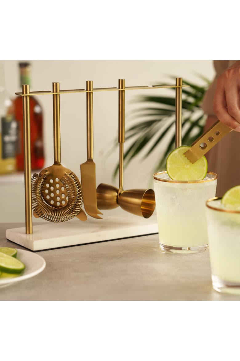 4-Piece Bar Tool Set in Gold with Marble and Stainless Steel Stand, Alternate, color, Gold