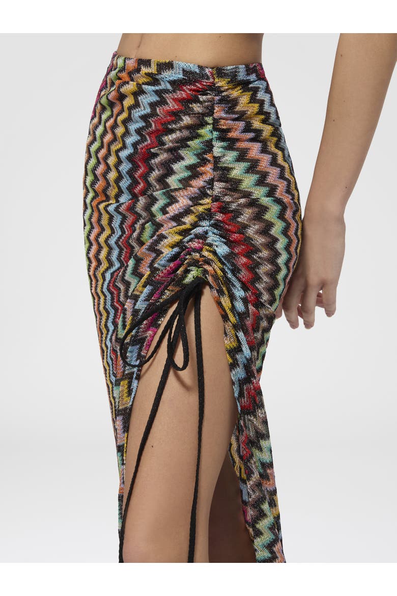 Ruched Long Skirt In Lamé Viscose With Micro Zigzag Pattern, Alternate, color, Black & Multicoloured