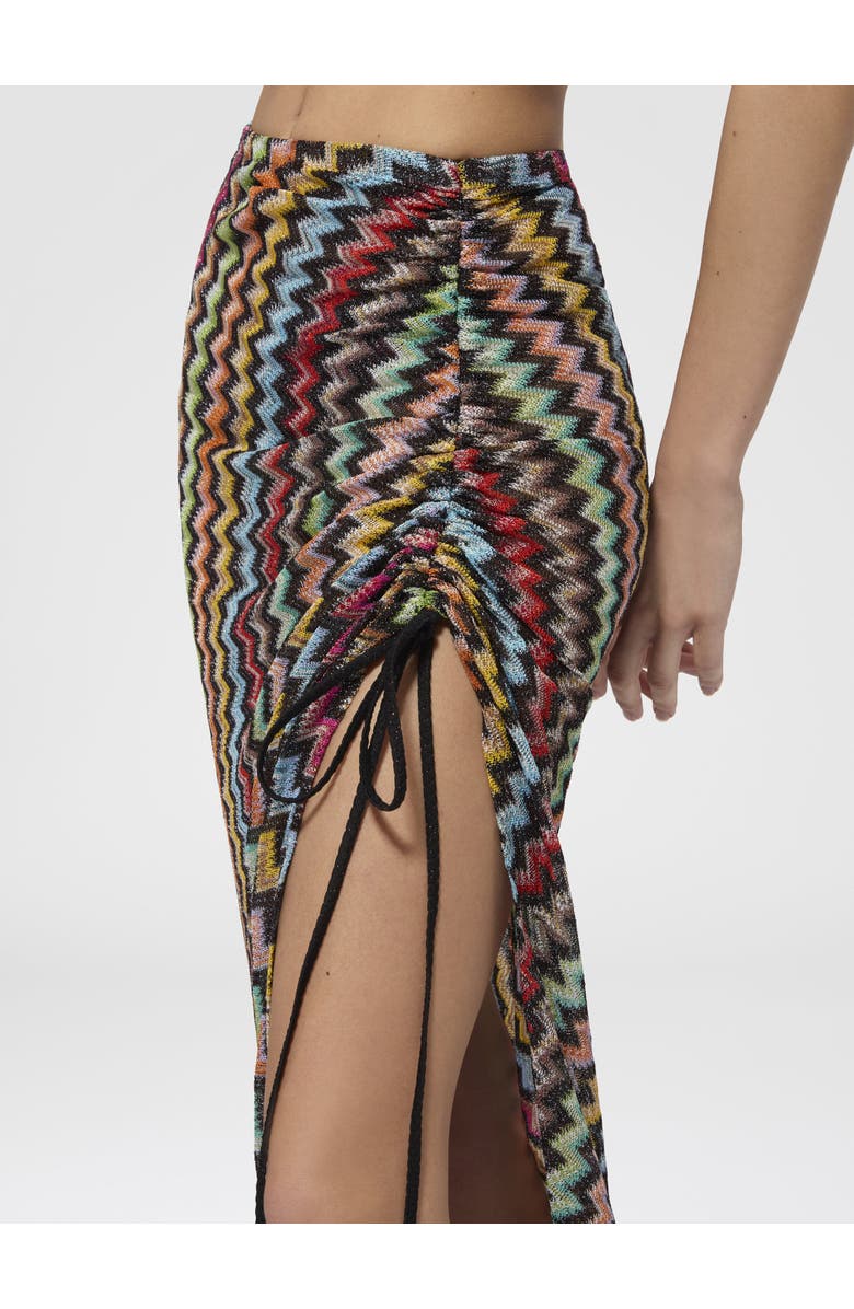 Missoni Ruched Long Skirt In Lamé Viscose With Micro Zigzag Pattern, Alternate, color, Black & Multicoloured