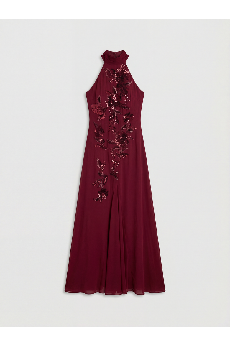 Feather Embellished Halter Maxi Dress, Alternate, color, Wine