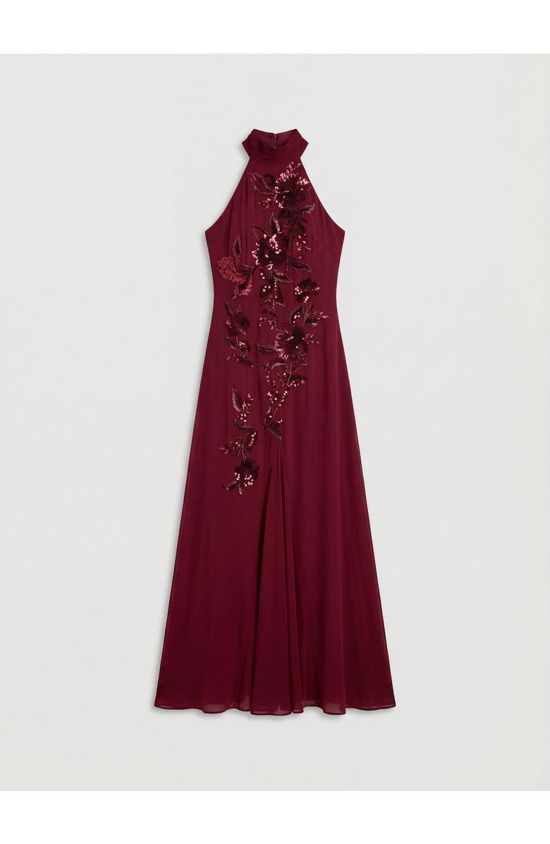 Karen Millen Feather Embellished Halter Maxi Dress, Alternate, color, Wine