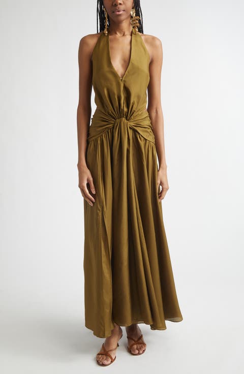 Indra Plunge Halter Silk Maxi Dress (Regular & Petite)