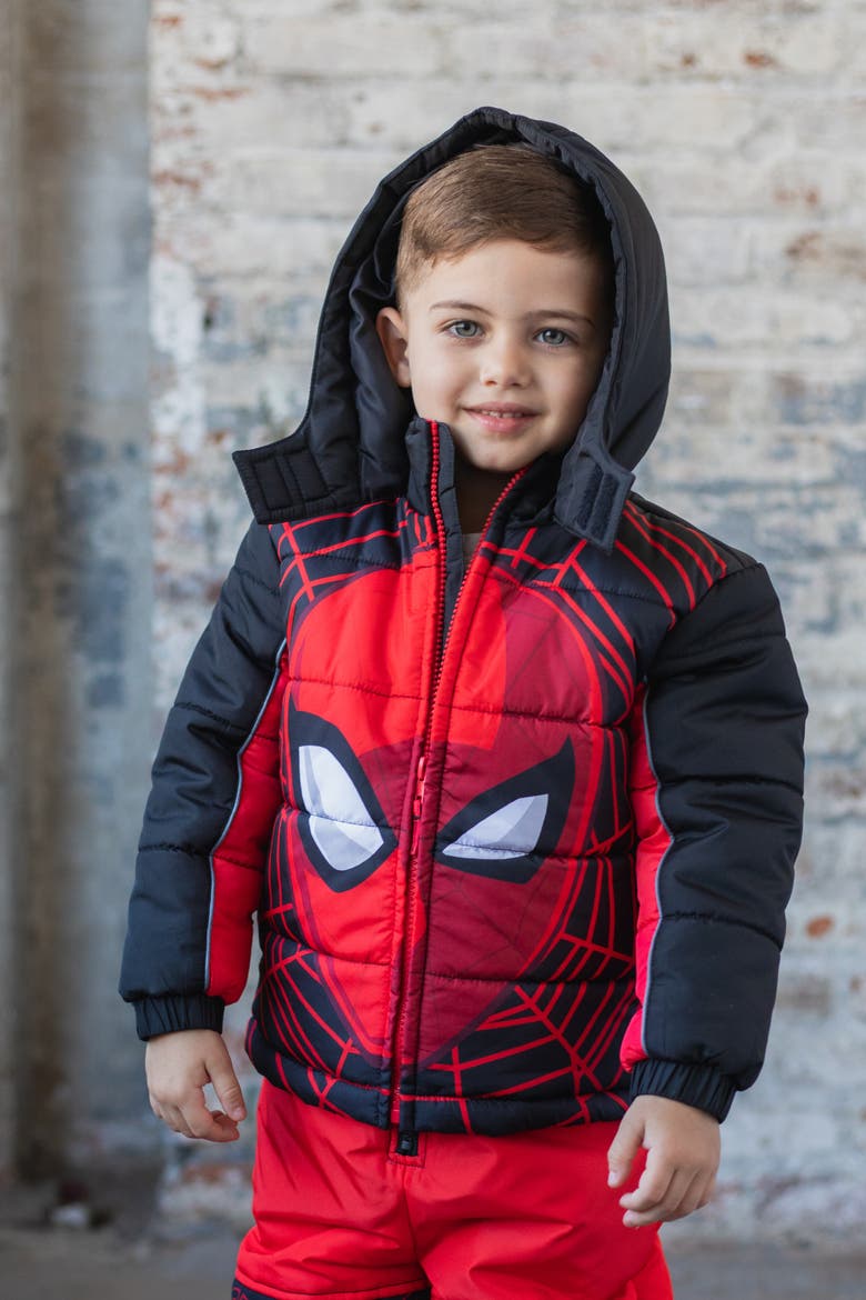 Spider-Man Hooded Zip-Up Puffer Jacket, Alternate, color, Spider Man Red Black