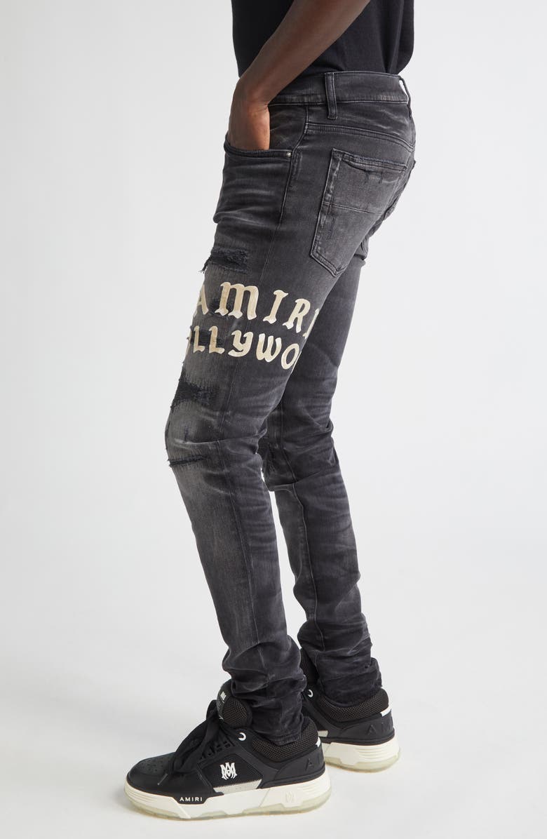 AMIRI Hollywood Appliqué Rip & Repair Slim Fit Jeans, Alternate, color, Faded Black