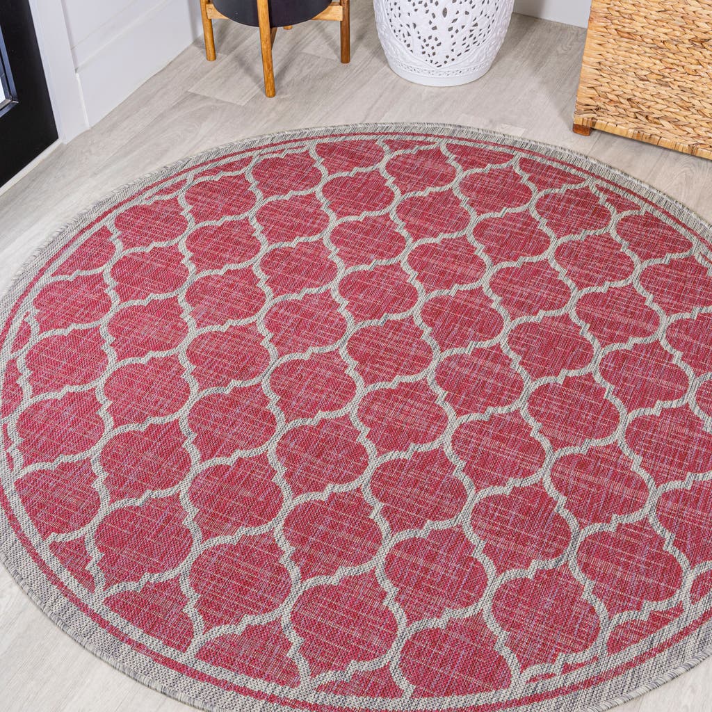 Jonathan Y Trebol Moroccan Trellis Textured Weave Indoor/outdoor Round Area Rug In Fuchsia/light Gray