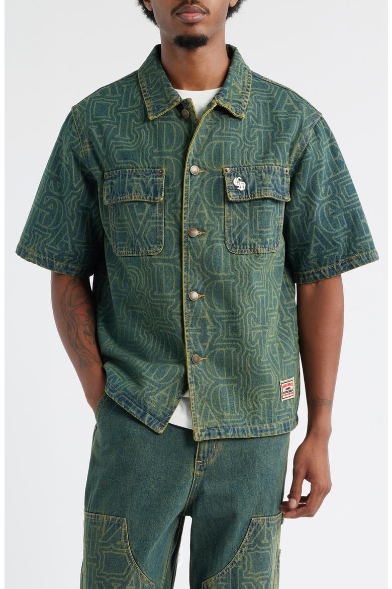 Berkeley Monogram Short Sleeve Cotton Denim Button-Up Shirt, Main, color, DIRTY BLUE