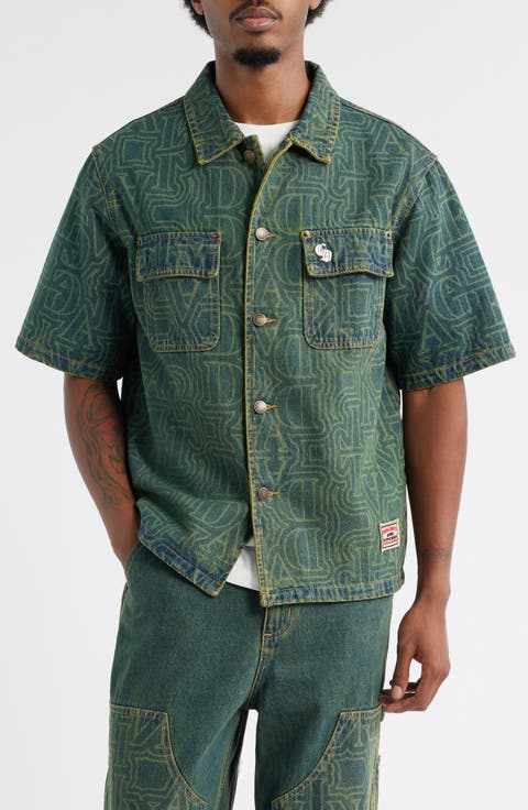 Berkeley Monogram Short Sleeve Cotton Denim Button-Up Shirt