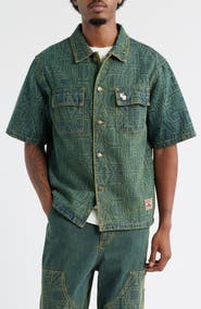 CRIMINAL DAMAGE Berkeley Monogram Short Sleeve Cotton Denim Button-Up Shirt