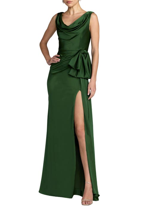 Charmeuse Sleeveless Cowl Neck Gown With Bow