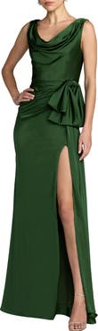 Mac Duggal Charmeuse Sleeveless Cowl Neck Gown With Bow