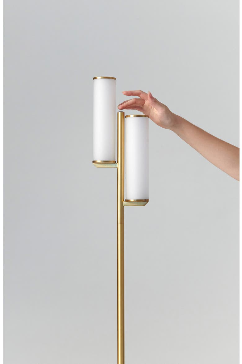 Gemini 64" Industrial LED Standing Floor Lamp with Glass Cylinder Shades, 3-Way Dimming, Alternate, color, BRASS