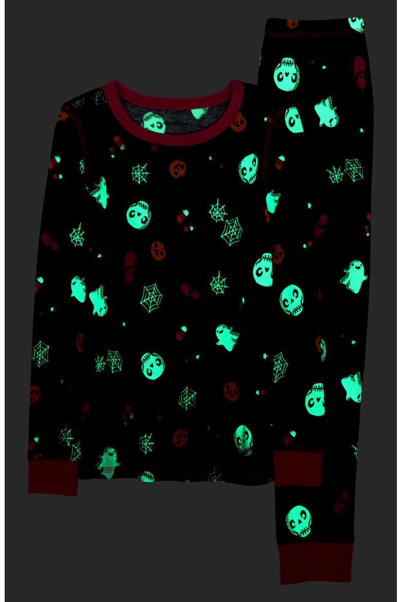Kids' Glow in the Dark Fitted Two-Piece Pajamas, Alternate, color, BLACK- PINK HAPPY SPOOKS