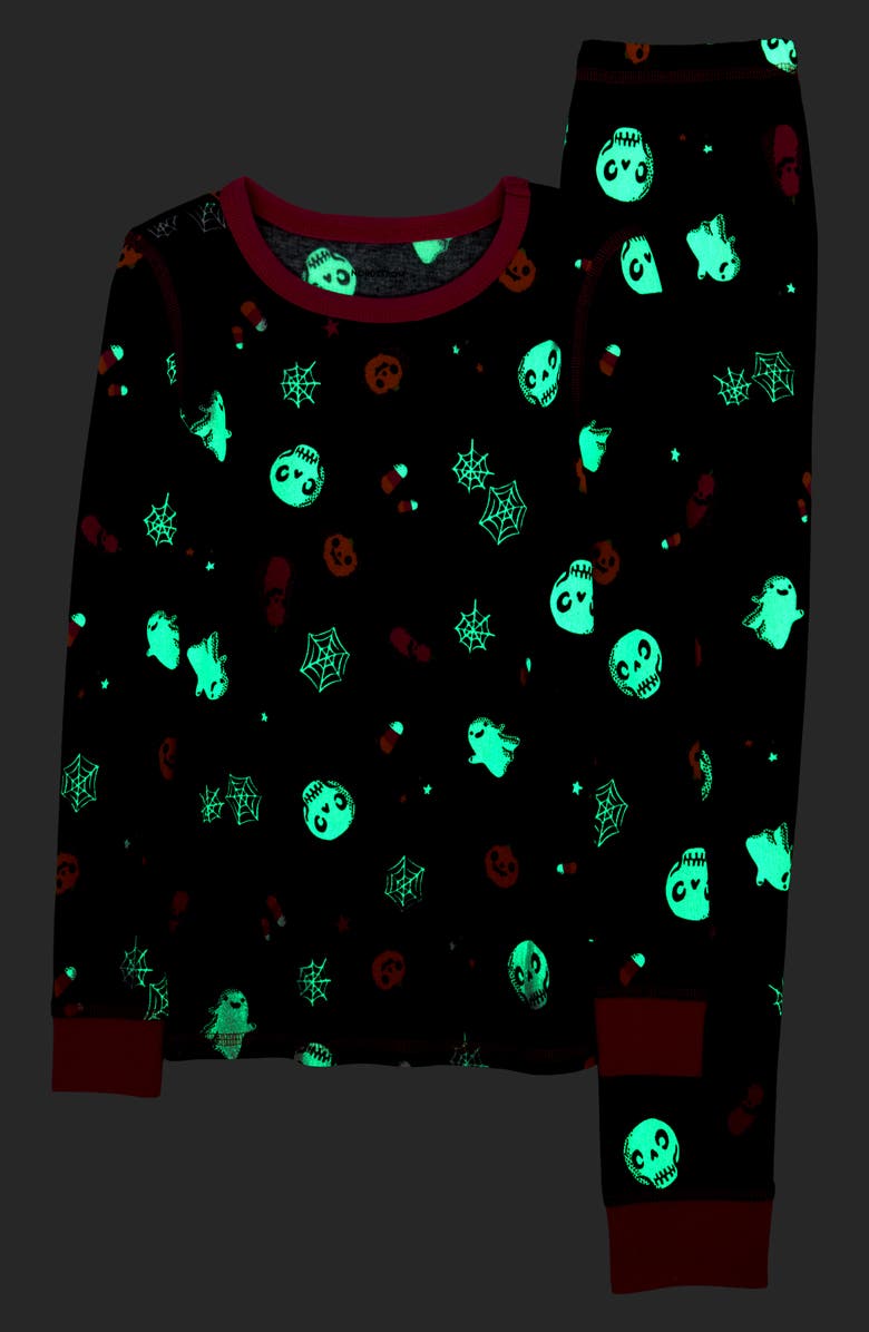 Nordstrom Kids' Glow in the Dark Fitted Two-Piece Pajamas, Alternate, color, Black- Pink Happy Spooks
