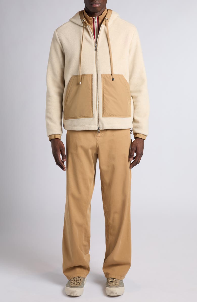 Moncler Mixed Media Zip Hoodie, Alternate, color, Golden Sand