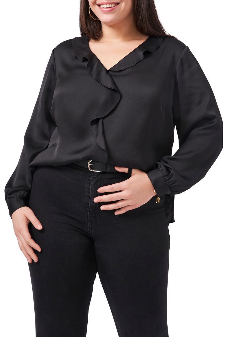Ruffle Front Satin Blouse, Main, color, RICH BLACK