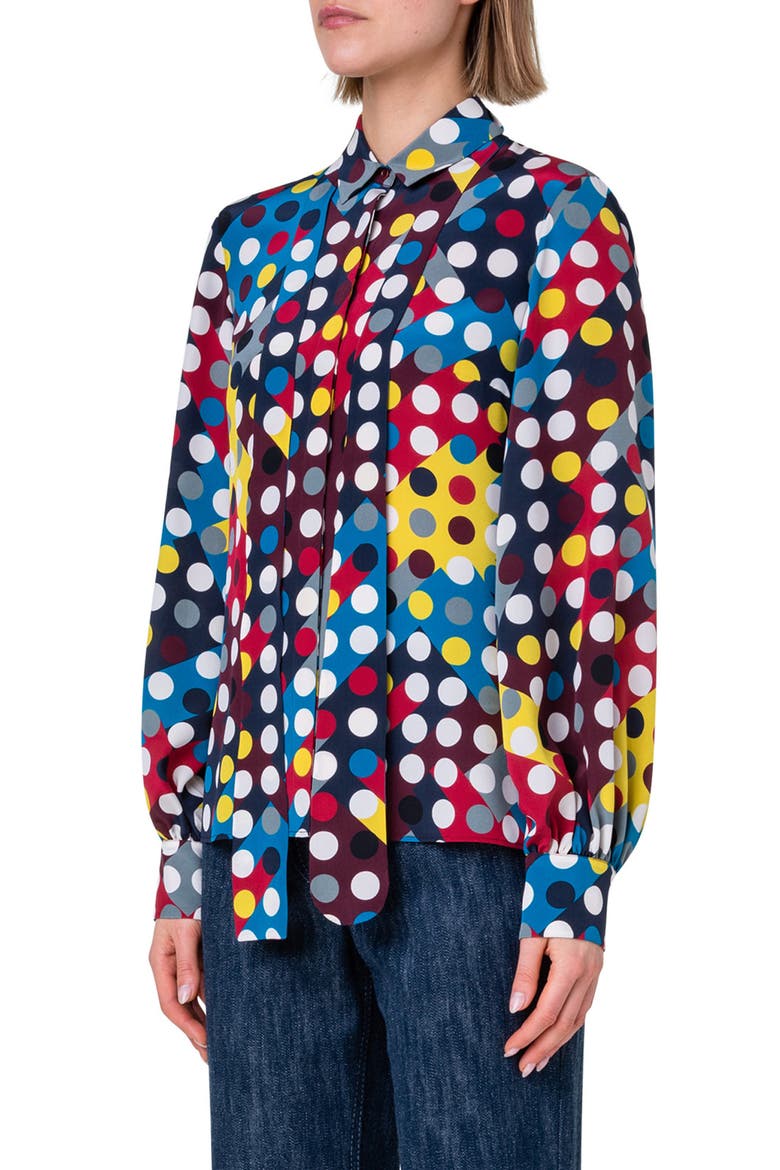 Polka Dot Print Tie Neck Silk Crêpe de Chine Blouse, Alternate, color, NAVY-CRIMSON
