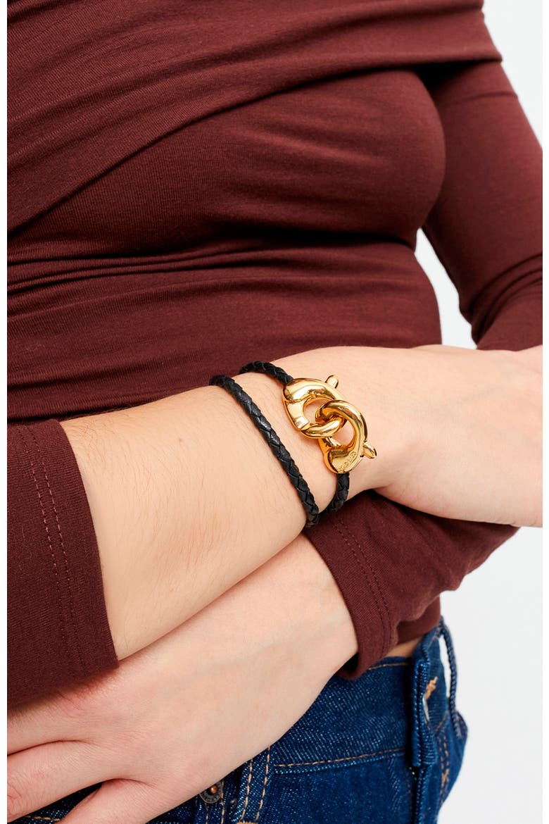 Black double leather strap with 18k gold-plated interlocking carabiner detail, Alternate, color, Gold