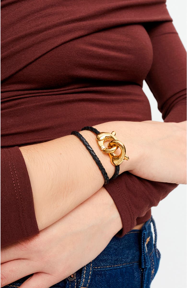 UNODE50 Black double leather strap with 18k gold-plated interlocking carabiner detail, Alternate, color, Gold