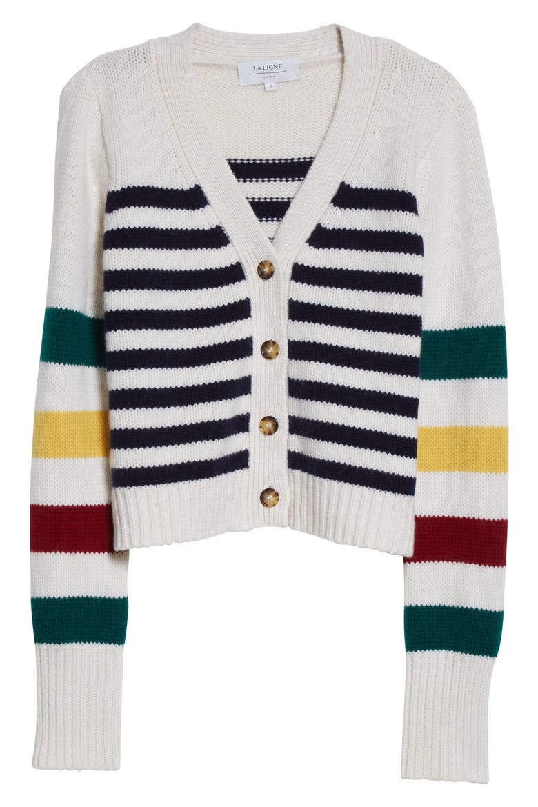 Marin Stripe Wool & Cashmere Cardigan, Alternate, color, CREAM/ NAVY/ HUN